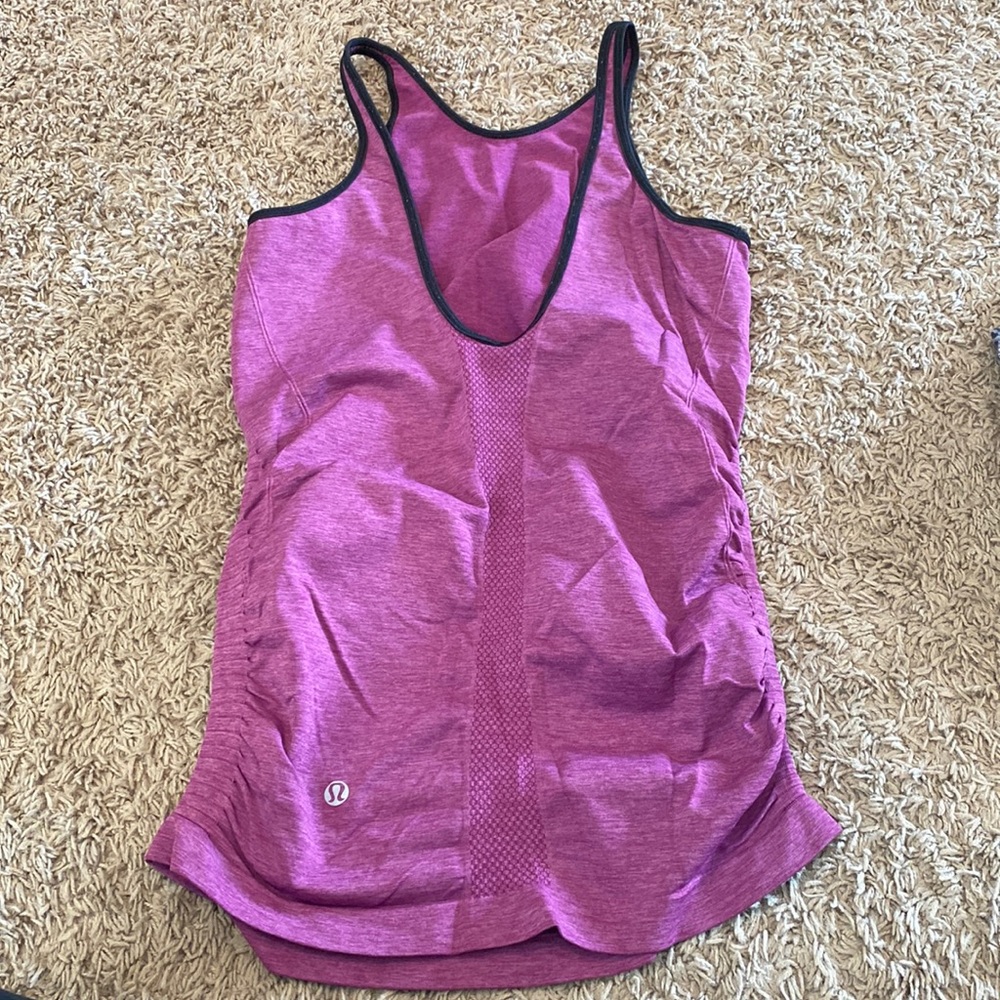 Lululemon ruched magenta tank top. High neck line and low back. Size 2.